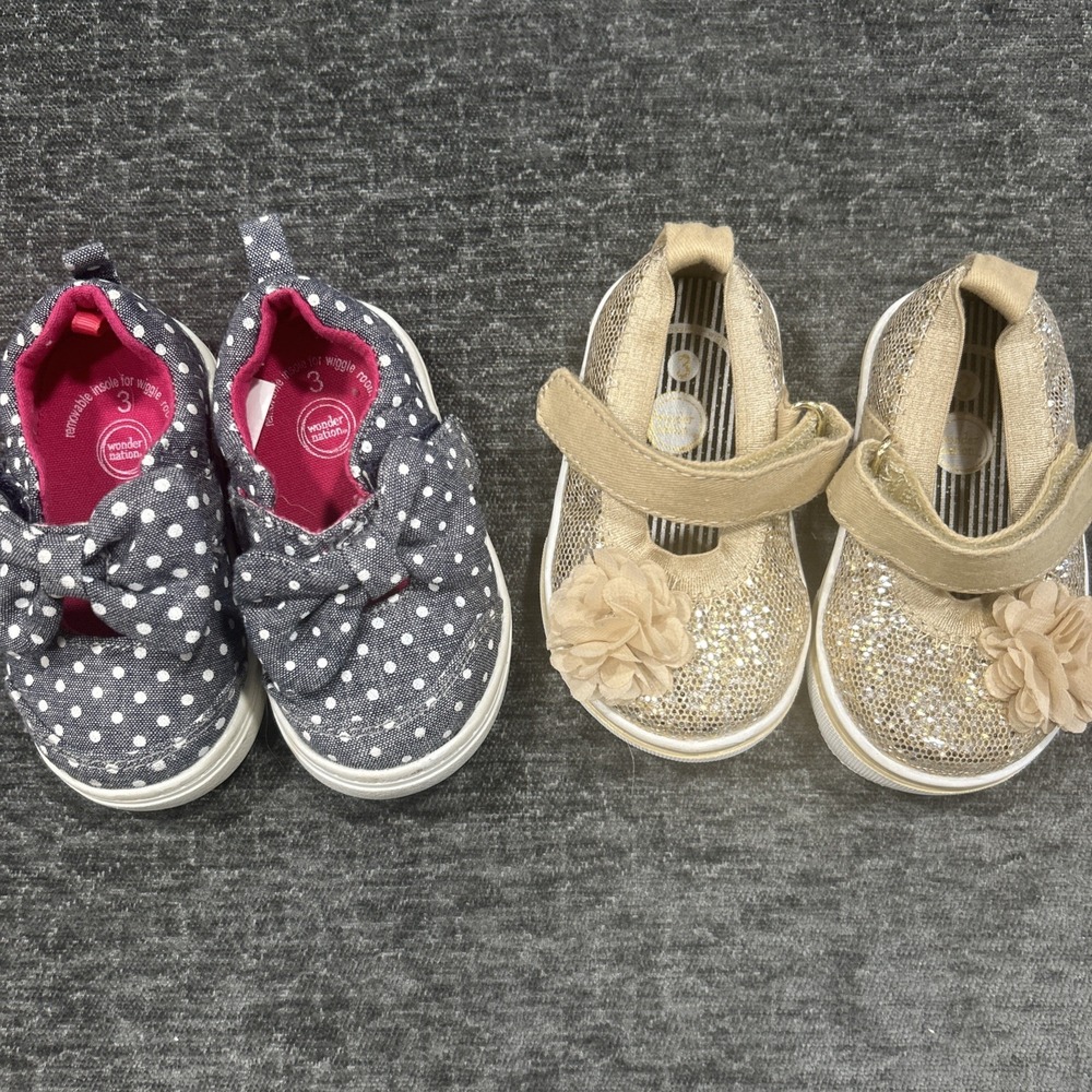 2 Pair of Toddler Girl Wonder Nation Gold Shoes/ Polka Dot Shoes Size 3
